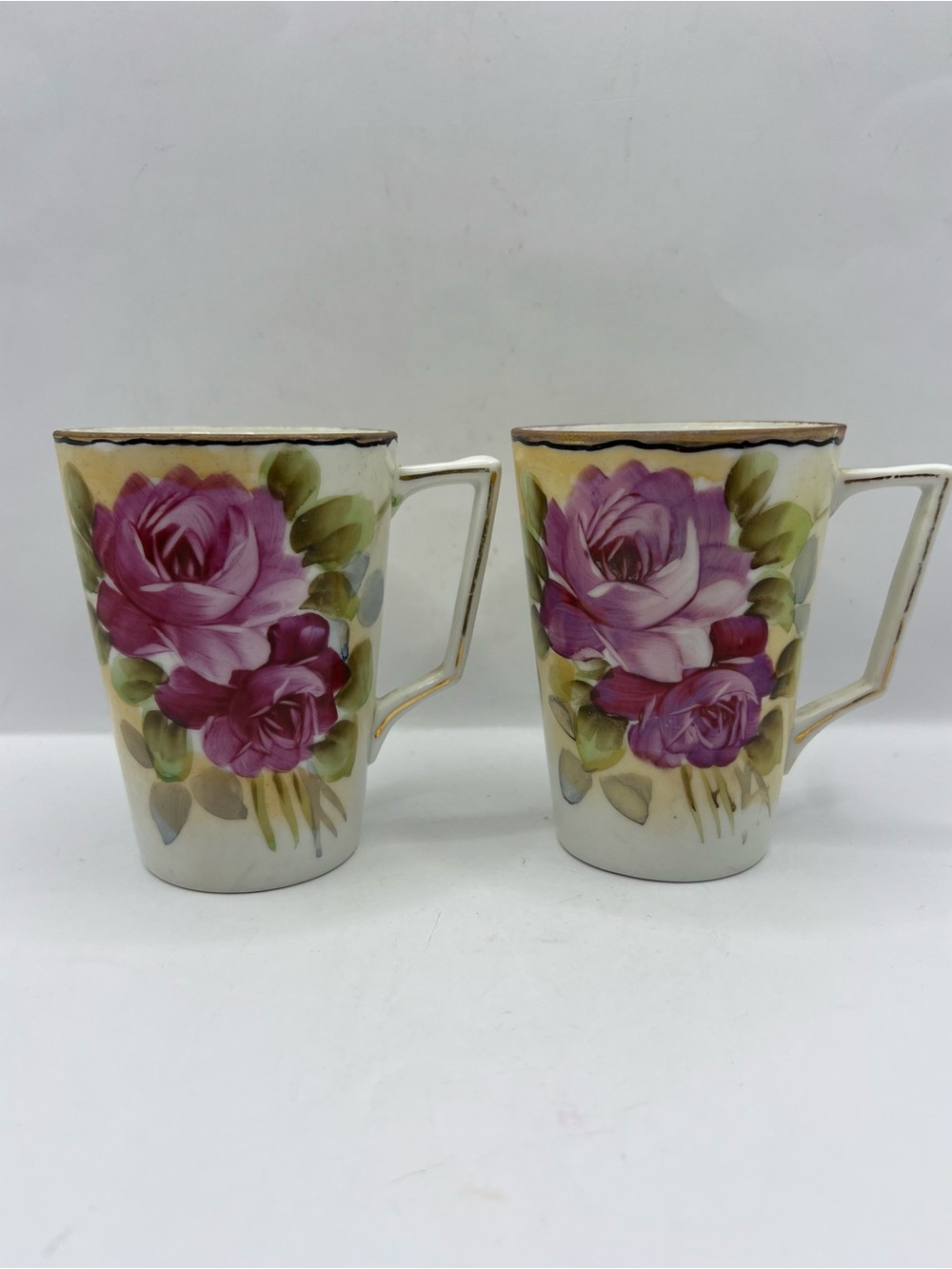 Vintage Hand Painted Nippon? Teacups Mugs  Rose Floral Design 4”